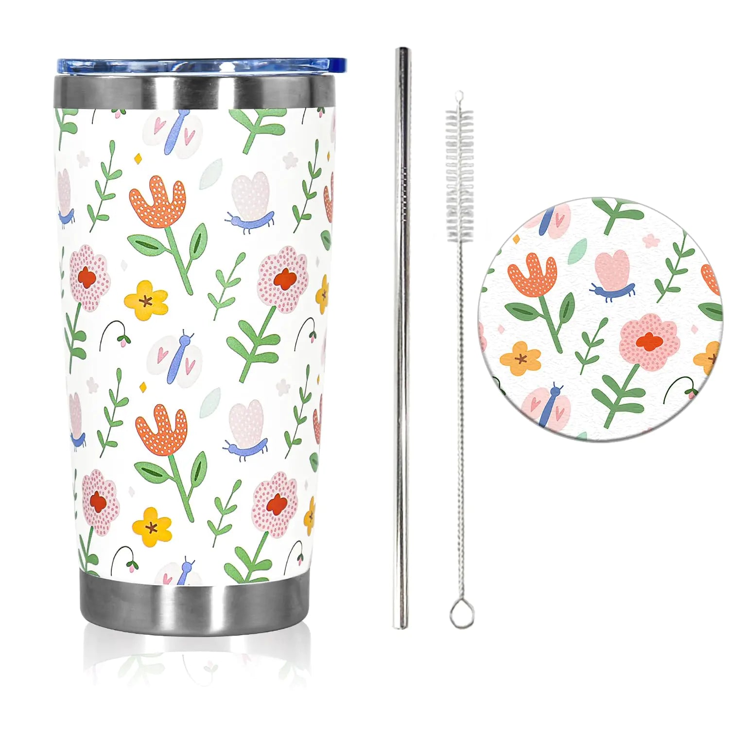 Travel Mug 20oz with Lid and Straw. Double Wall Vacuum Insulated (flower)